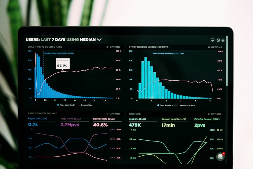 SEO performance graphs on a laptop screen